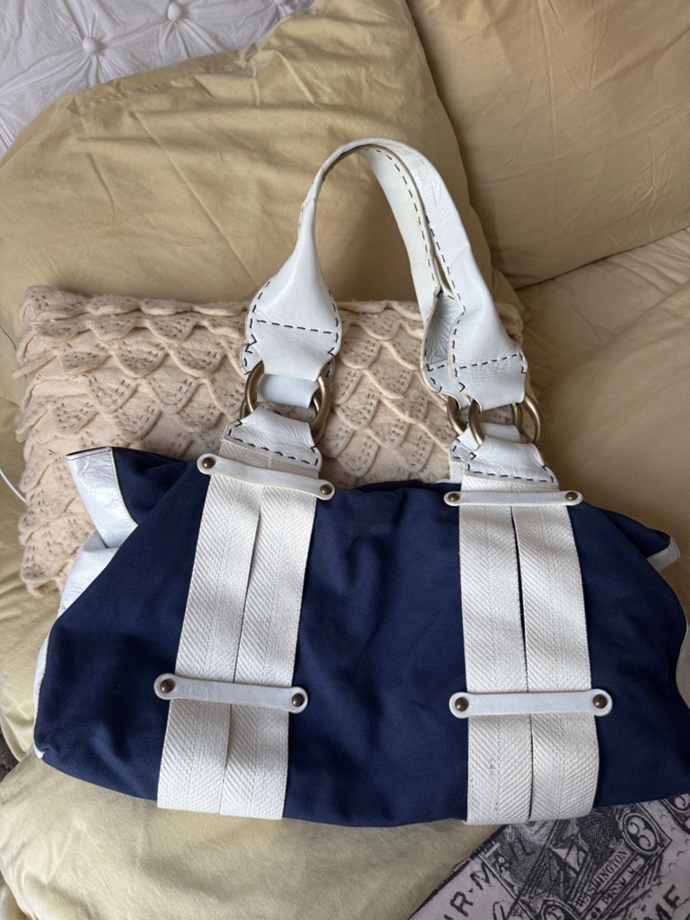 Trina Turk Navy and White Canvas Shoulder Bag with Leather sides and steps
